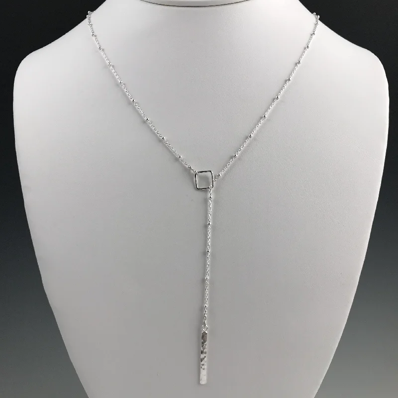 Pearl Necklace for Brides-Silver Square Lariat Necklace