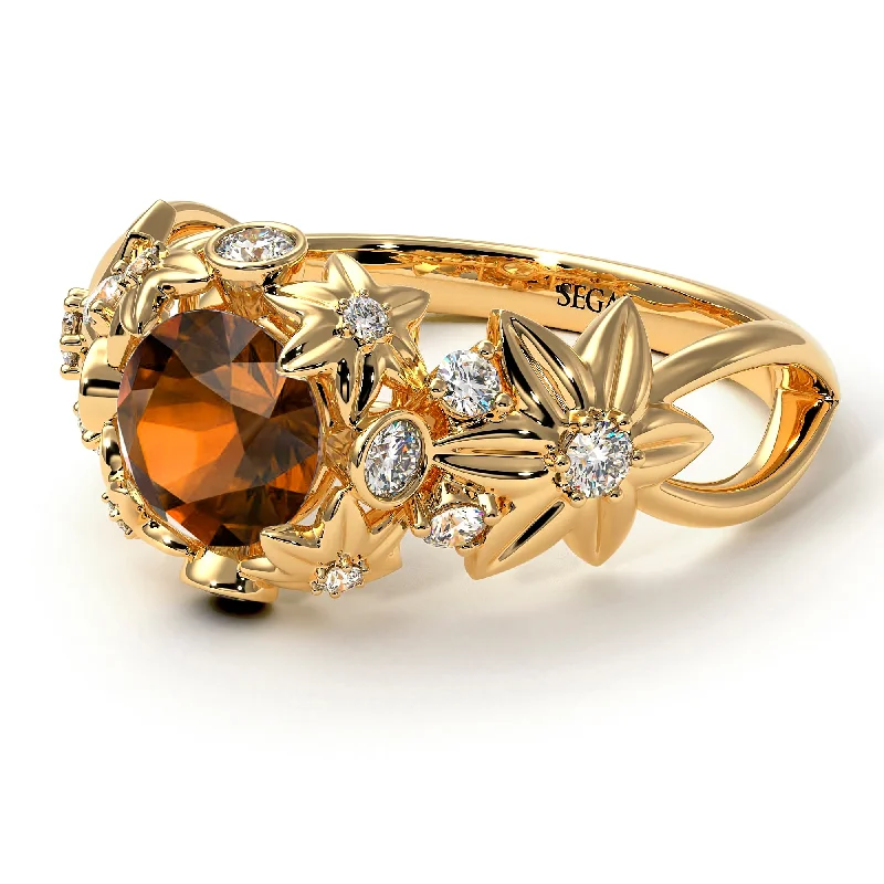 Personalized Couples Ring-Flowers And Branches Brown Diamond Ring - Katherine no. 1101