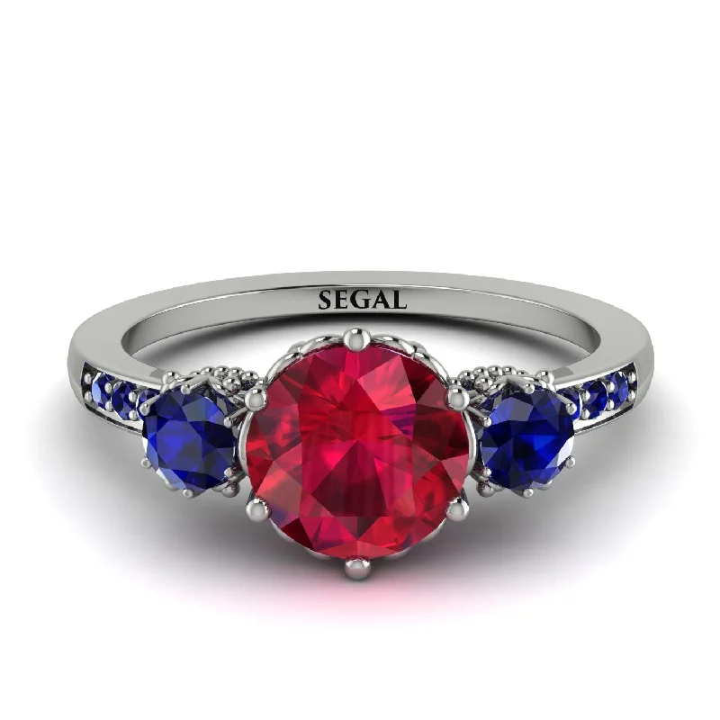 Vintage Style Ring for Women-Vintage 3 Stones Ruby Ring With Micro Pave - Luna No. 63