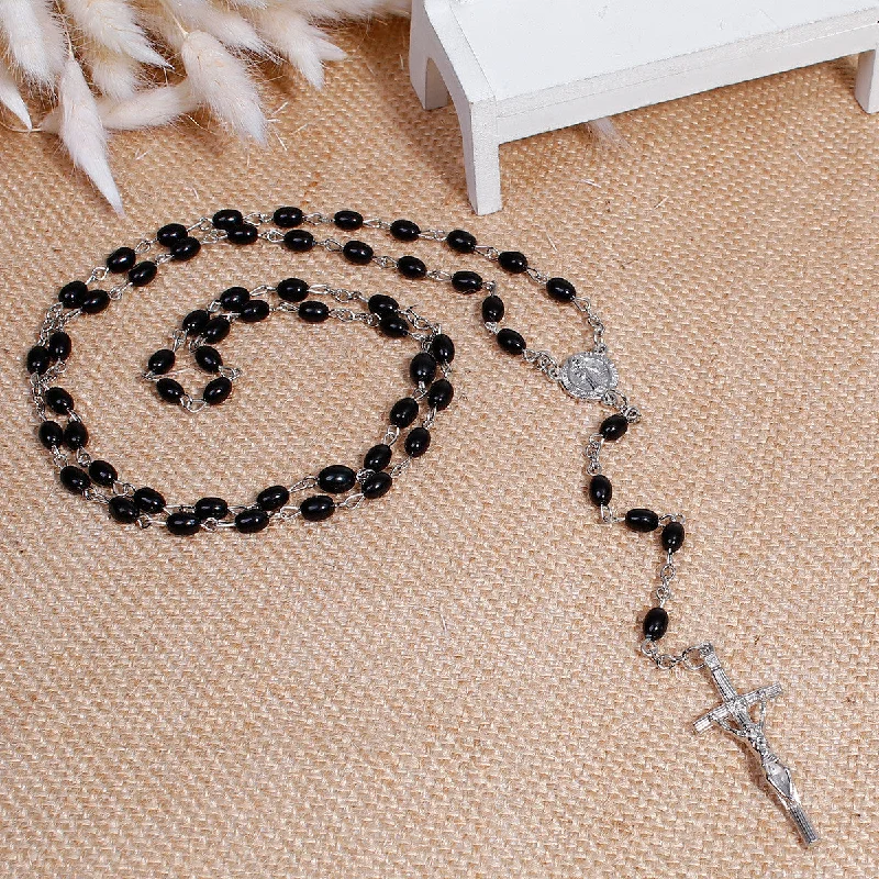 Layered Necklace for Trendy Looks-SEXY SPARKLES Christian/Catholic Jesus Religious Prayer Rosary Beads Y Shaped Lariat Black Color Necklace