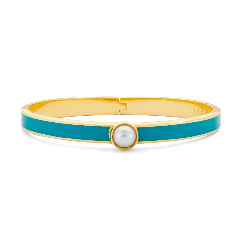 Gold Plated Bangles for Casual Wear-Skinny Cabochon Pearl Turquoise & Gold Bangle