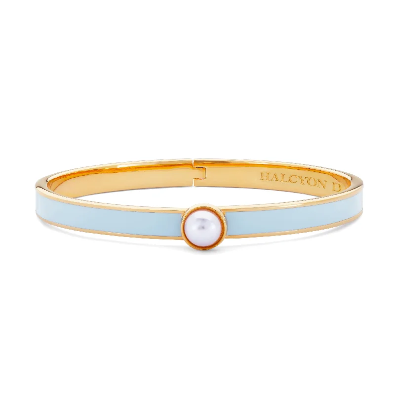 Classic Bangles for Brides-Skinny Cabochon Pearl Forget-Me-Not & Gold Bangle