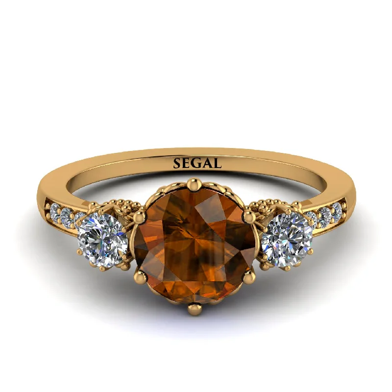 Custom Engraved Ring for Couples-Vintage 3 Stones Brown Diamond Ring With Micro Pave - Luna No. 1101