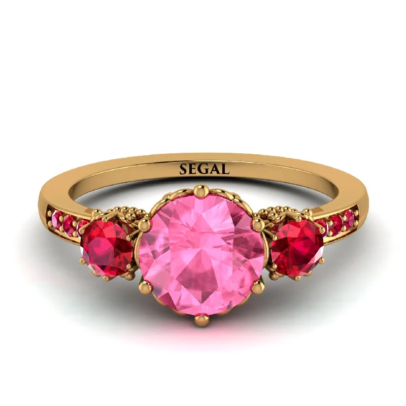 Designer Ring for Women-Vintage 3 Stones Pink Moissanite Ring With Micro Pave - Luna No. 813