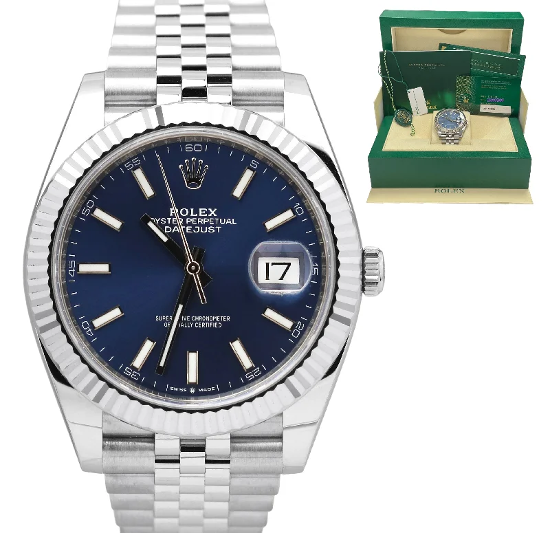 Personalized Watches with Custom Engraving-UNWORN Rolex DateJust BLUE Stainless 18K White Gold JUBILEE 126334 41mm Watch BP