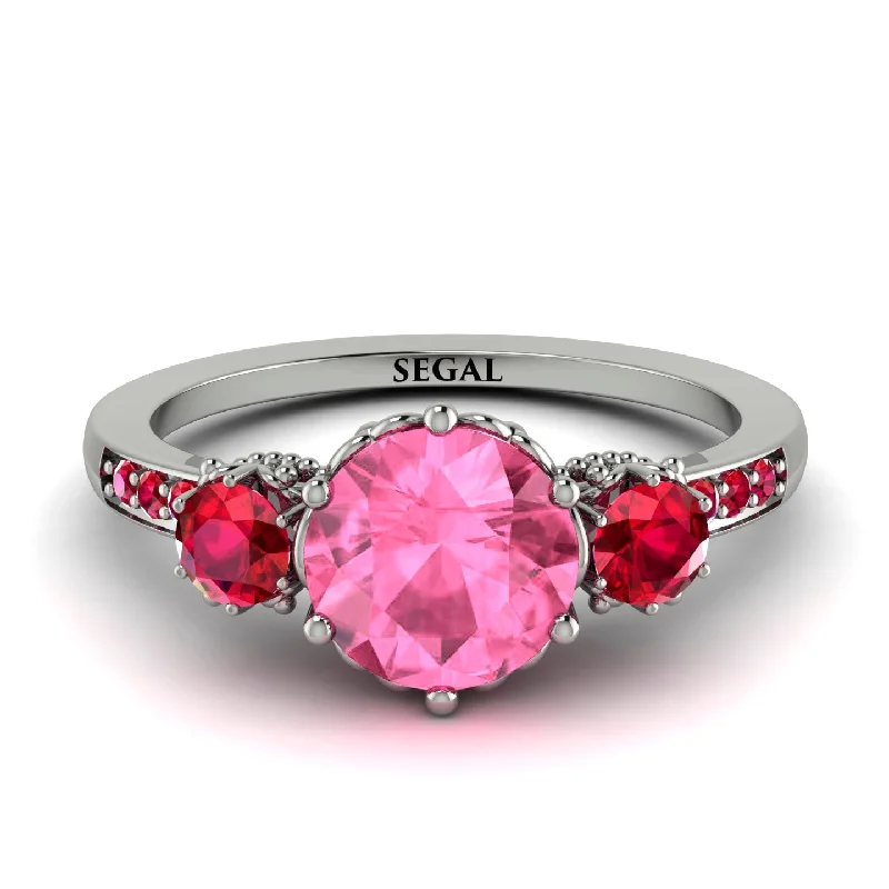 Luxury Wedding Ring for Women-Vintage 3 Stones Pink Moissanite Ring With Micro Pave - Luna No. 815