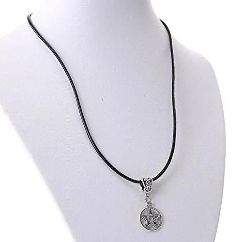 Choker Necklace for Women-Cowhide Leather Necklaces Antique Silver Round Star With Lobster Clasp 43cm long(16 7/8")