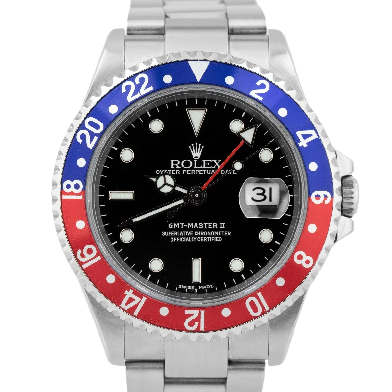 Women's Luxury Watches with Rose Gold Accents-UNPOLISHED Rolex GMT-Master II PEPSI BLUE Red NO-HOLES Steel 40mm Watch 16710