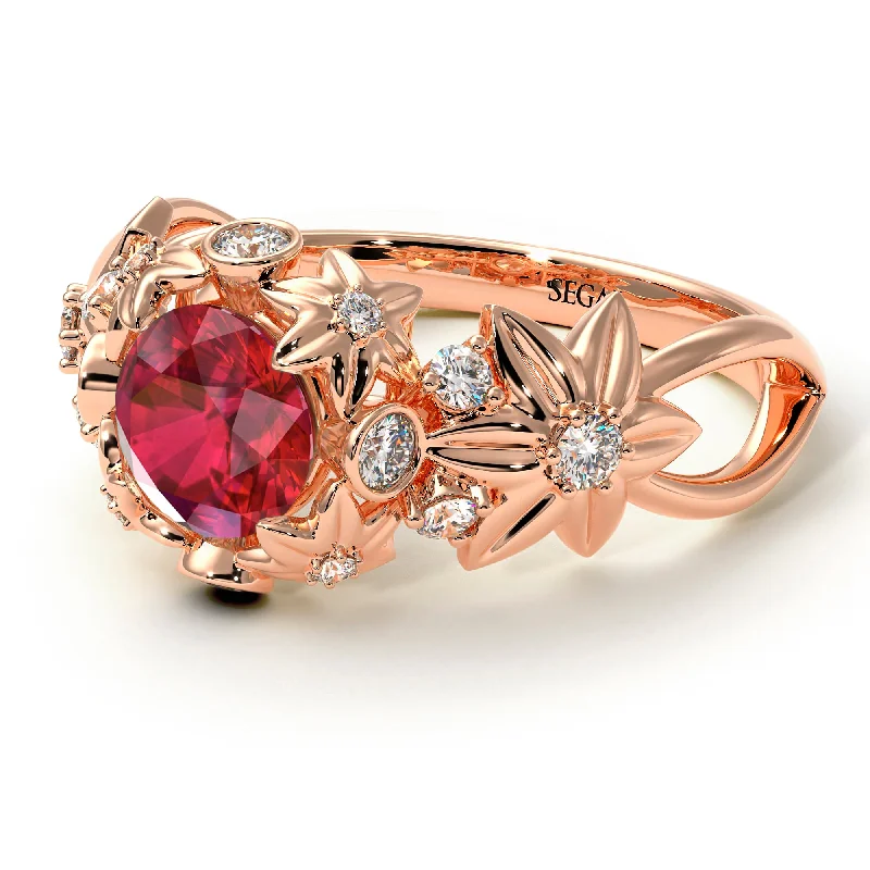 Customizable Gold Ring for Men-Flowers And Branches Ruby Ring - Katherine no. 38