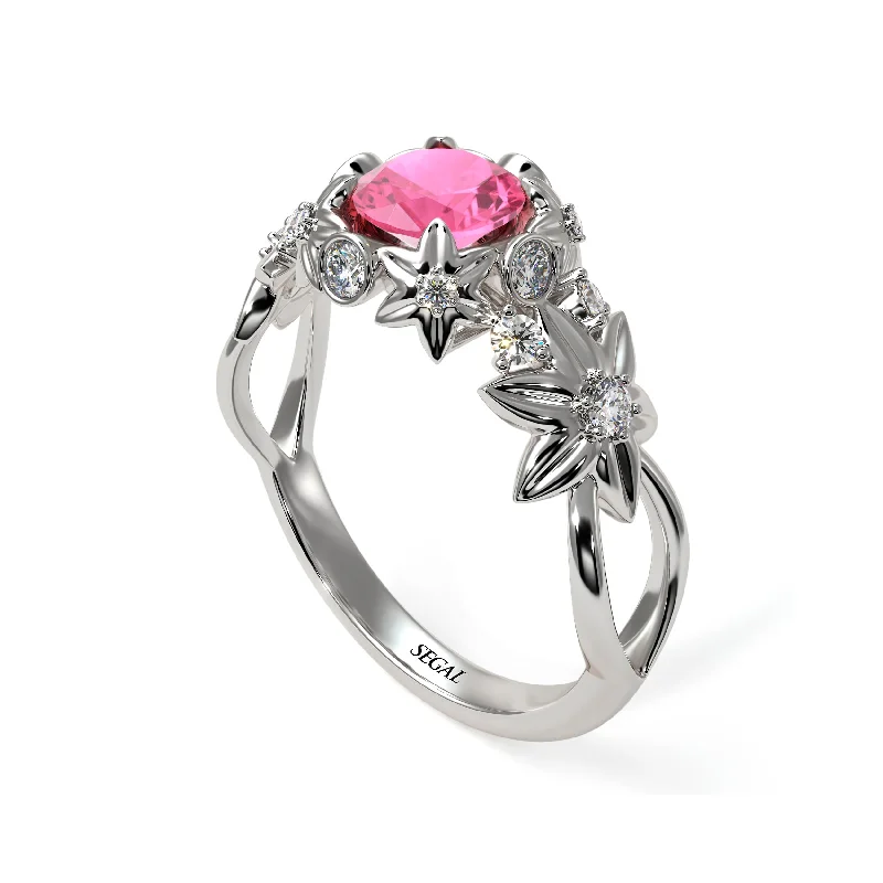 Gold Wedding Band with Diamonds-Flowers And Branches Pink Moissanite Ring - Katherine no. 803