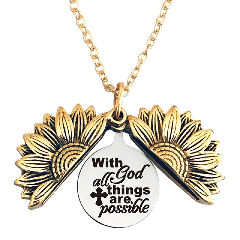 Cute Necklace for Teen Girls-With god All Things are Possible Stainless Steel & Alloy Sunflower Link Necklace Double Sided Opens…