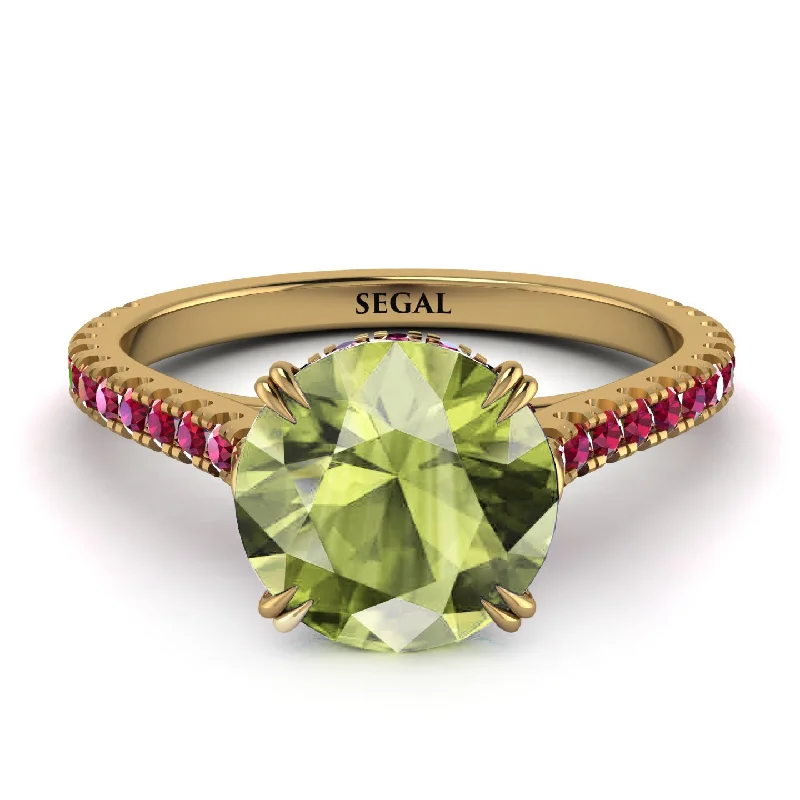 Simple Wedding Ring for Men-Hidden Diamond Double Cat Claw Prongs Peridot Ring - Hazel No. 710