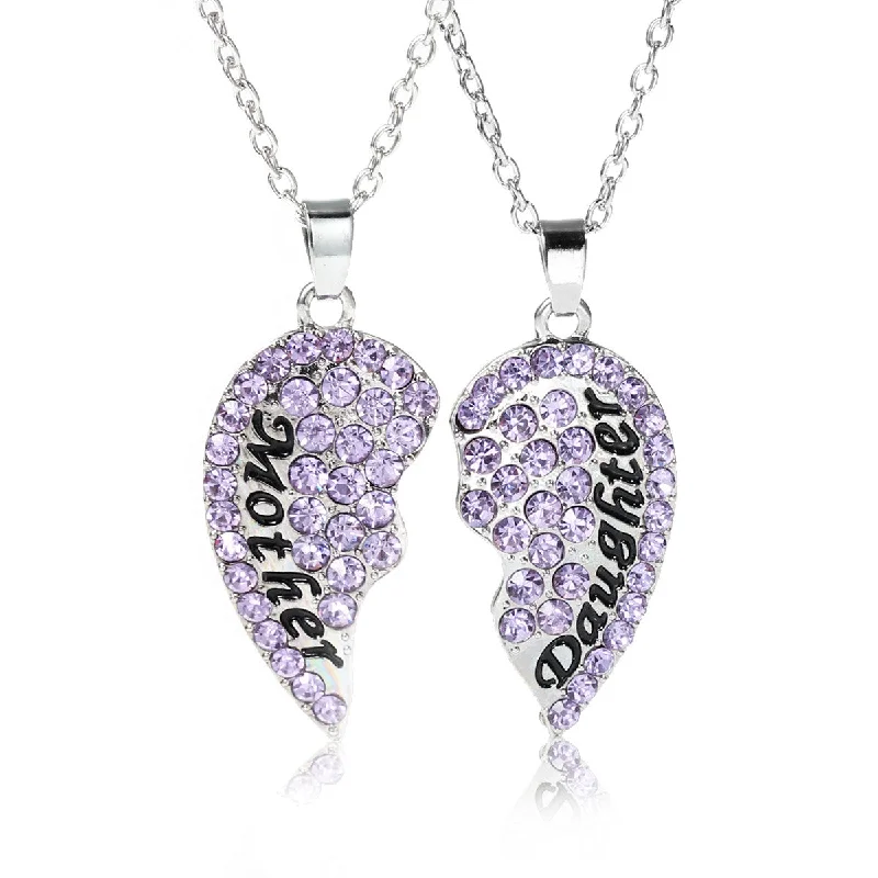 Unique Gemstone Necklace for Special Occasions-Necklace Long Link Cable Chain Broken Heart Message " Mother & Daughter " Pendants Mauve Rhinestone