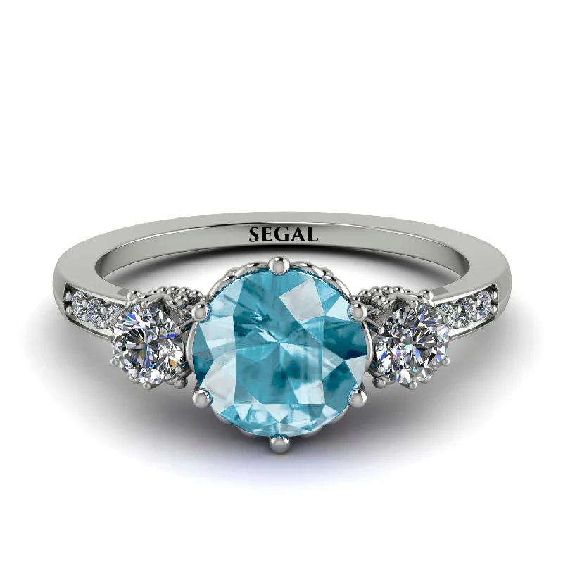 Handcrafted Engagement Ring for Women-Vintage 3 Stones Aquamarine Ring With Micro Pave - Luna No. 403