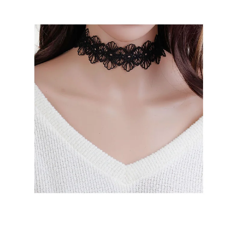 Vintage Style Chain Necklace-Sexy Sparkles Polyester Black Flower Choker Necklace for Women Girls Gothic Choker Bolo Tie Corset Lace Chokers