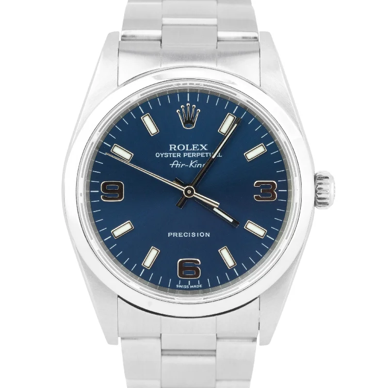 Men's Watches with Stainless Steel Mesh Band-Rolex Air-King Oyster Perpetual Stainless Steel Blue 3-6-9 14000M 34mm Watch