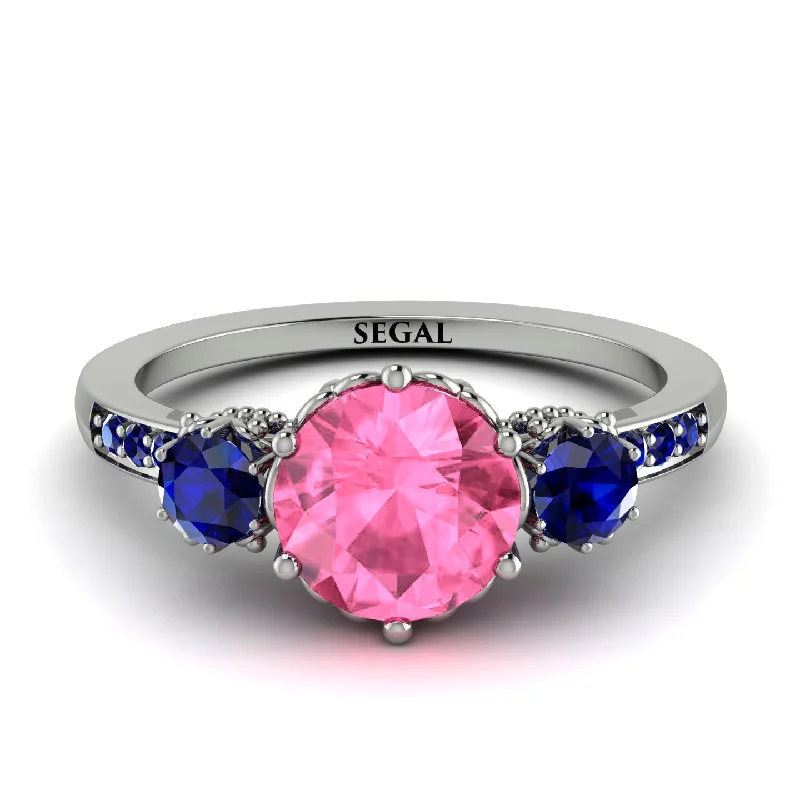 Simple Engagement Ring for Minimalist Style-Vintage 3 Stones Pink Moissanite Ring With Micro Pave - Luna No. 812