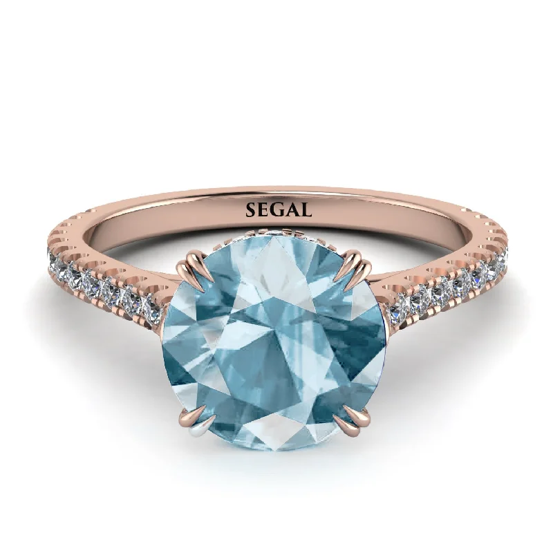 Custom Diamond Ring for Engagement-Hidden Diamond Double Cat Claw Prongs Aquamarine Ring - Hazel No. 402