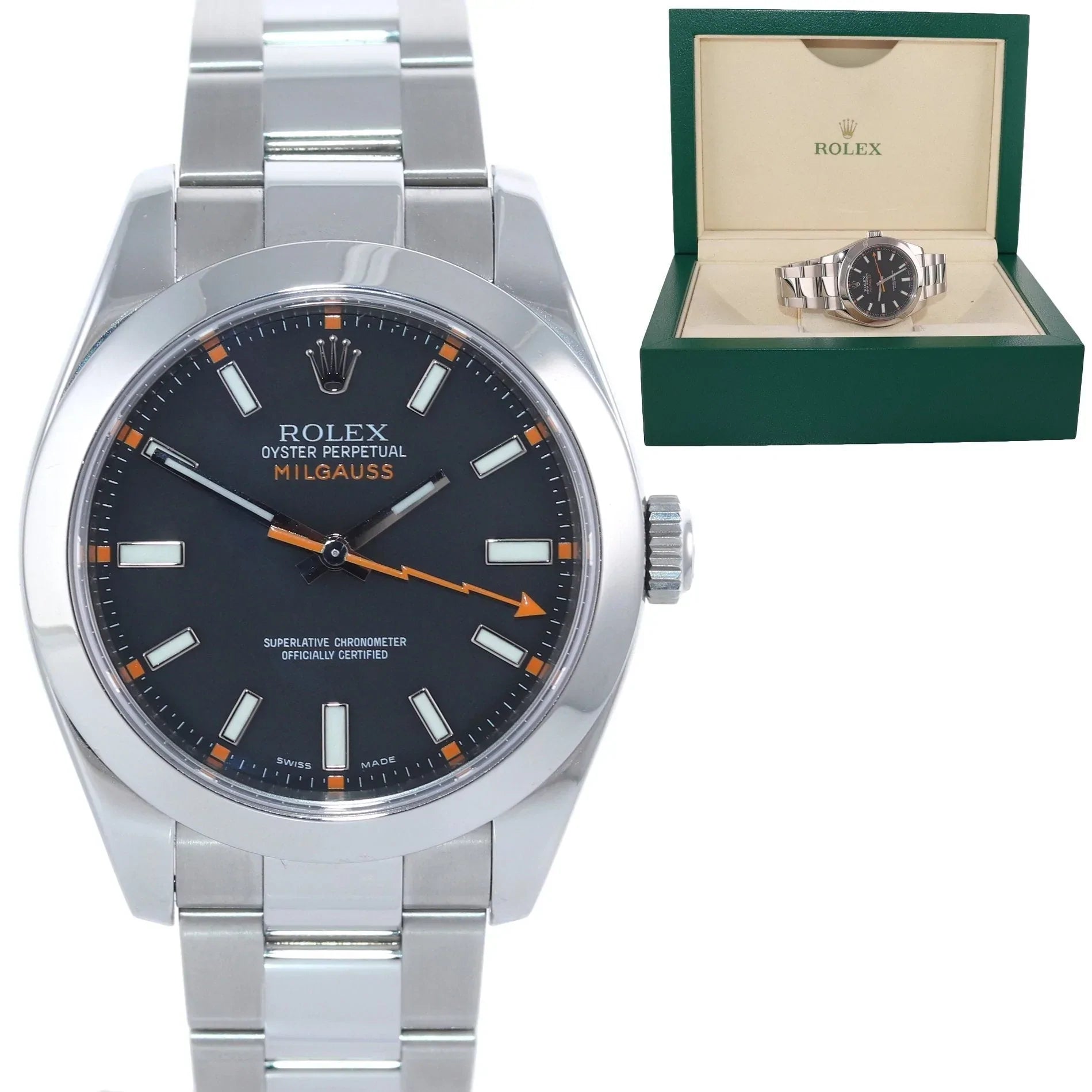 Stylish Watches with White Leather Straps-MINT Rolex Milgauss 116400 Steel Black Dial 40mm Anti Magnetic Oyster Watch Box