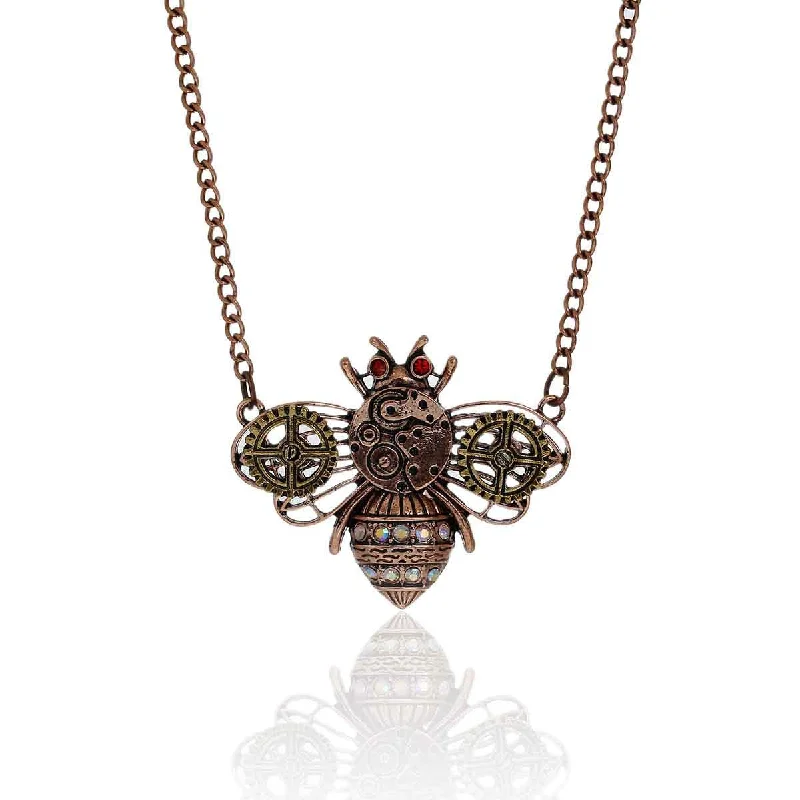 Stylish Gem Necklace for Women-SEXY SPARKLES Steampunk Necklace Link Curb Chain Antique Copper Bees Gear Connector With Multicolor Rhinestone