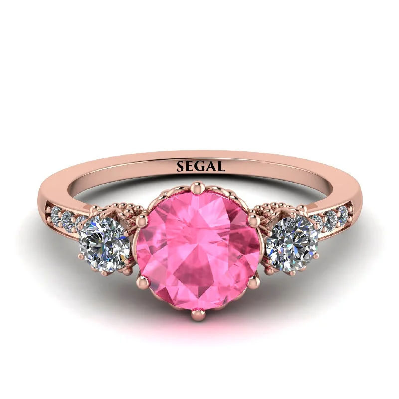 Trendy Gold Ring for Women-Vintage 3 Stones Pink Moissanite Ring With Micro Pave - Luna No. 802