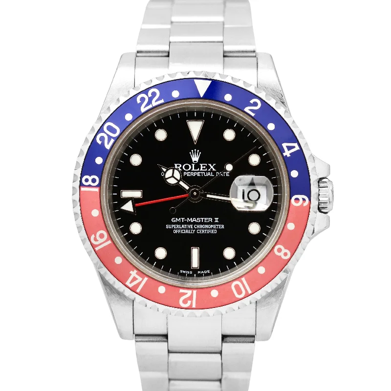 Casual Watches for Women for Daily Wear-UNPOLISHED Rolex GMT-Master II NO HOLES 40mm 16710 Blue Red PEPSI Steel Watch