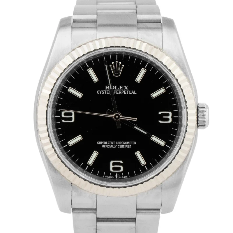 Luxury Sports Watches for Men-Rolex Oyster Perpetual Black Steel 18K White Gold Fluted 34mm Watch 114234 CARD