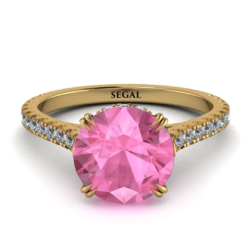 Simple Silver Ring for Everyday-Hidden Diamond Double Cat Claw Prongs Pink Moissanite Ring - Hazel No. 801