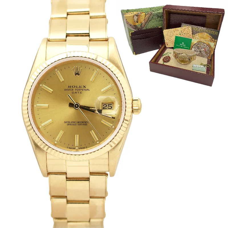 Classic Watches with Silver Bracelet for Women-Rolex Oyster Perpetual Date 34mm Champagne Yellow Gold Oyster Watch 15238 BOX