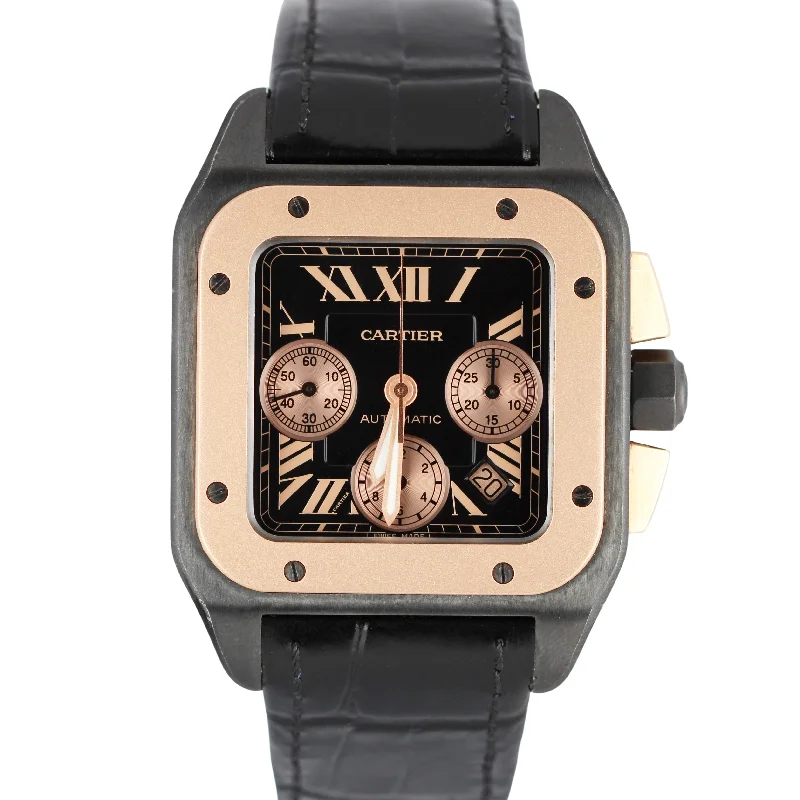 Retro Watches for Fashion Forward Men-Cartier Santos 100 Large 18k Rose Gold Black 52x41mm Leather W2020004 3104 Watch