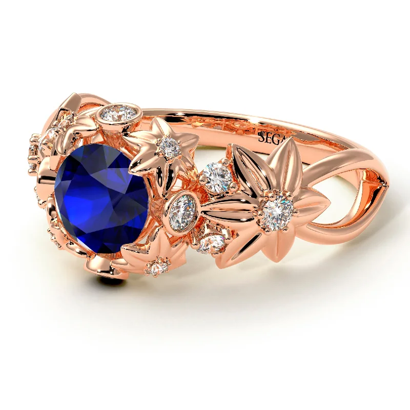 Vintage Gold Ring for Special Occasions-Flowers And Branches Sapphire Ring - Katherine no. 44