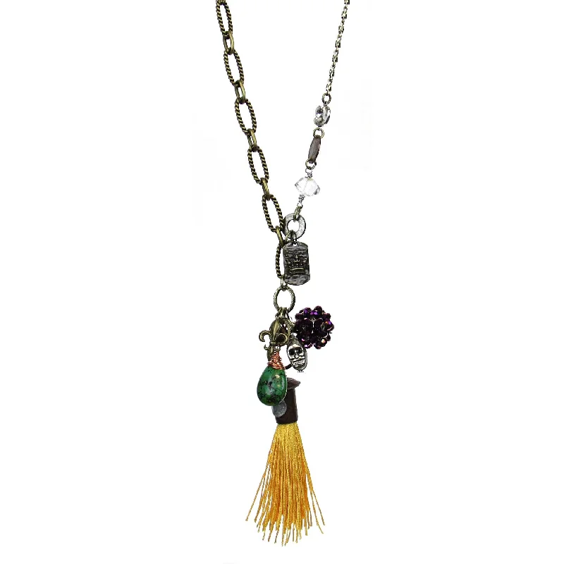 Large Crystal Necklace for Evening Wear-Amy Labbe Mardi Gras Necklace- Coins & Gold Tassel