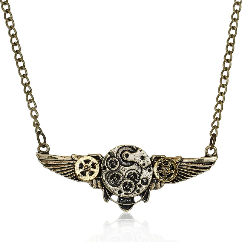 Adjustable Silver Necklace for Comfort-SEXY SPARKLES steampunk Necklace  Link Curb Chain Antique Bronze Wing Gear Connector for women