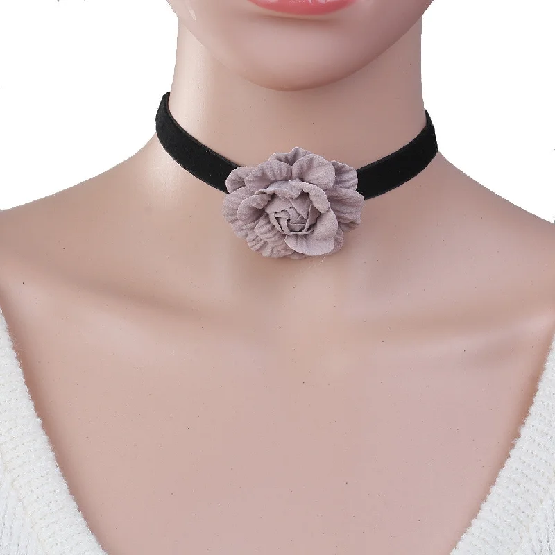 Luxury Gold Necklace for Weddings-Sexy Sparkles New Style Black Choker Necklace with Mauve Flower