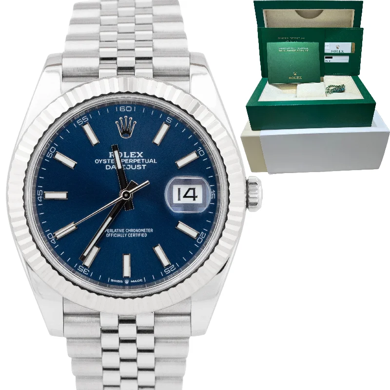 Men's Fashion Watches for Daily Wear-Rolex DateJust 41 Blue Fluted Stainless Steel Jubilee Watch 126334 BOX CARD