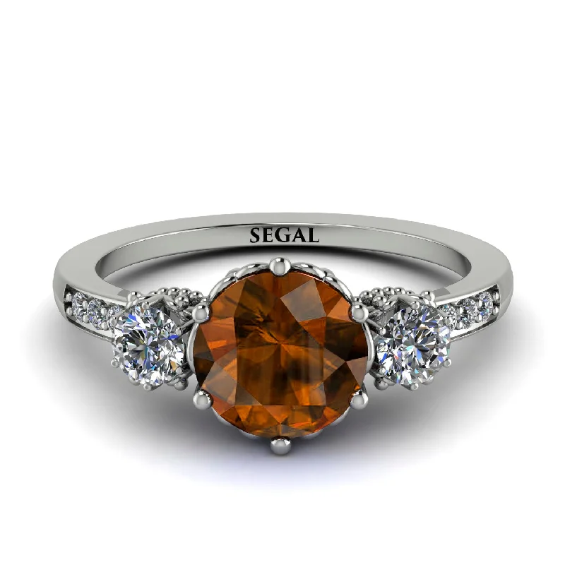 Rose Gold Engagement Ring-Vintage 3 Stones Brown Diamond Ring With Micro Pave - Luna No. 1103