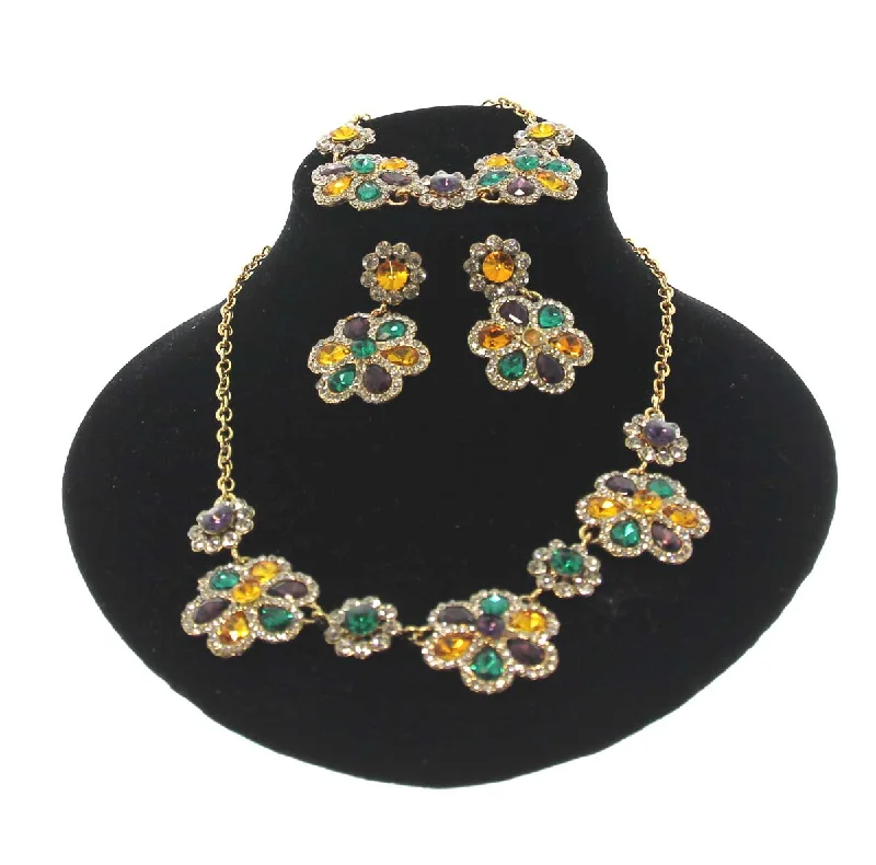 Geometric Necklace for Fashionable Women-Mardi Gras Floral Gem Necklace, Earring, and Bracelet set