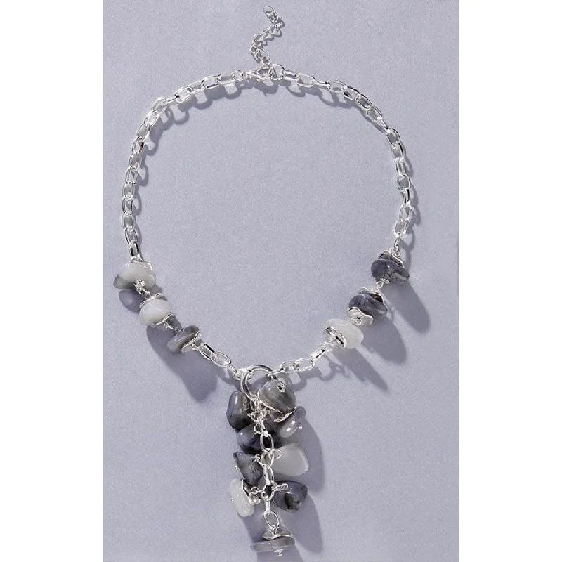 Elegant Wedding Necklace for Brides-Charlie Paige Silver Necklace w/ Center Gray & Silver Dangle