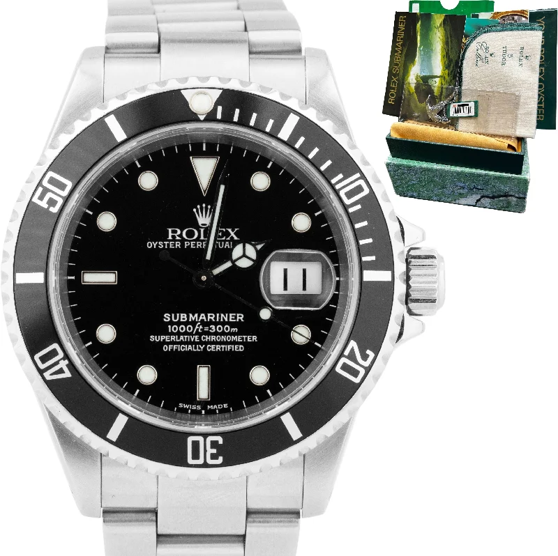 Smart Watches for Kids with Safety Features-Rolex Submariner Date Stainless Steel 40mm Black Dive Oyster SEL Watch 16610 BOX