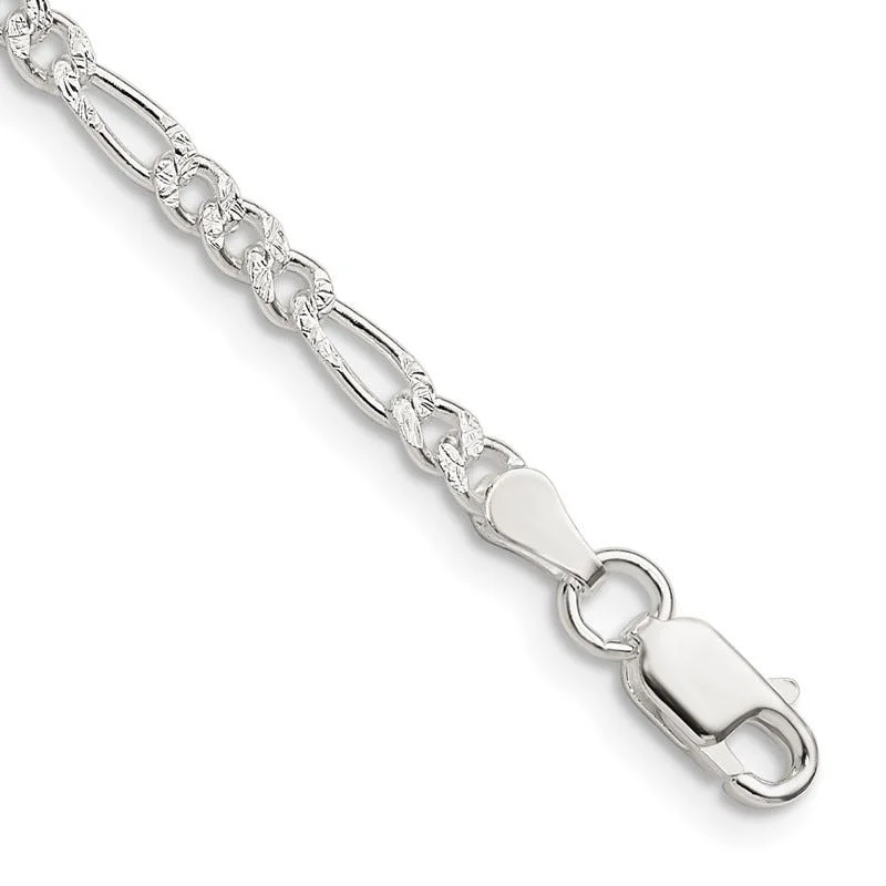 Silver Chain Bracelet for Elegant Style-Sterling Silver 3mm Pav‚ Flat Figaro Chain Bracelet