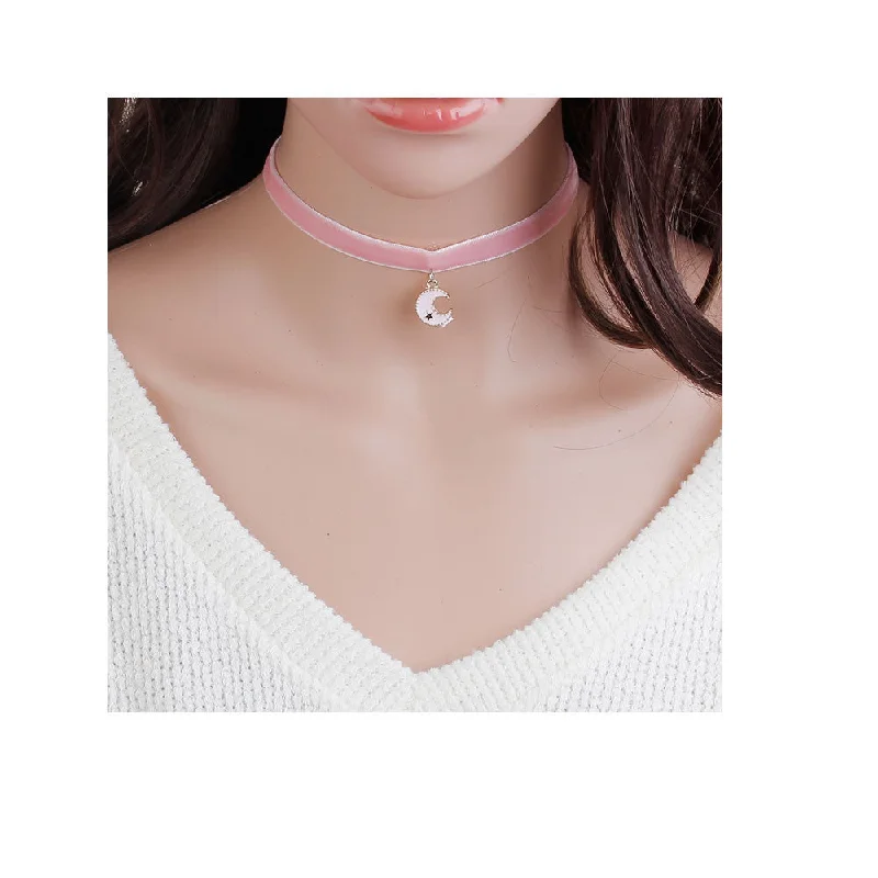 Gold Necklace with Crystal Pendant-Sexy Sparkles Velvet Choker Necklace Pink Half Moon Pentagram Star for Women Girls Gothic Choker Bolo Tie