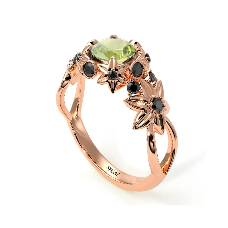 Simple Titanium Wedding Band-Flowers And Branches Peridot Ring - Katherine no. 705