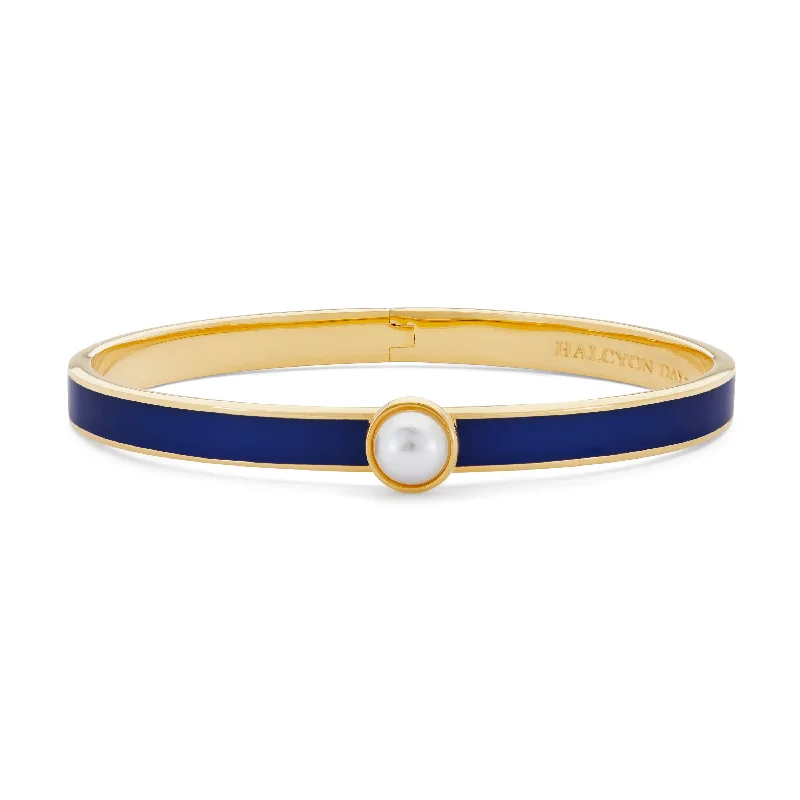 Customizable Bangle Bracelets-Skinny Cabochon Pearl Cobalt & Gold Bangle