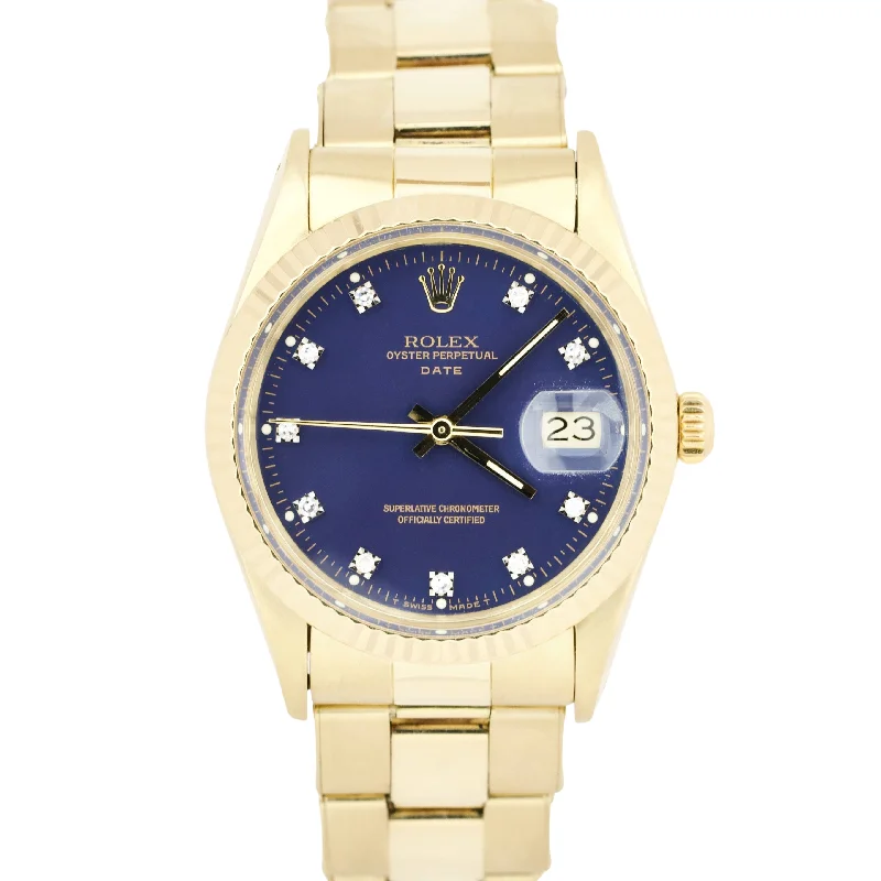 Elegant Smart Watches with Heart Rate Monitor-Rolex Date 15037 14K Yellow Gold 34mm BLUE DIAMOND Dial Fluted Oyster Watch