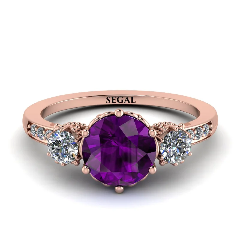 Luxury Gold Ring for Anniversary-Vintage 3 Stones Amethyst Ring With Micro Pave - Luna No. 302