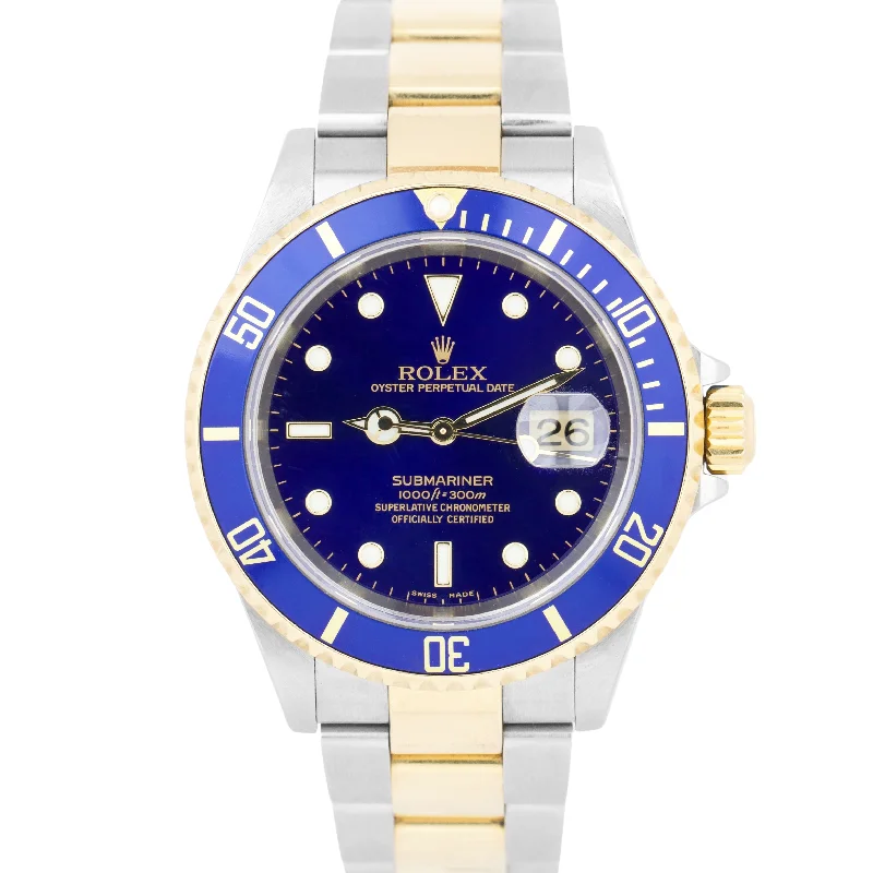 Affordable Smart Watches with Fitness Tracker-Rolex Submariner Two-Tone 18K Yellow Gold Blue NO HOLES 40mm Oyster Watch 16613