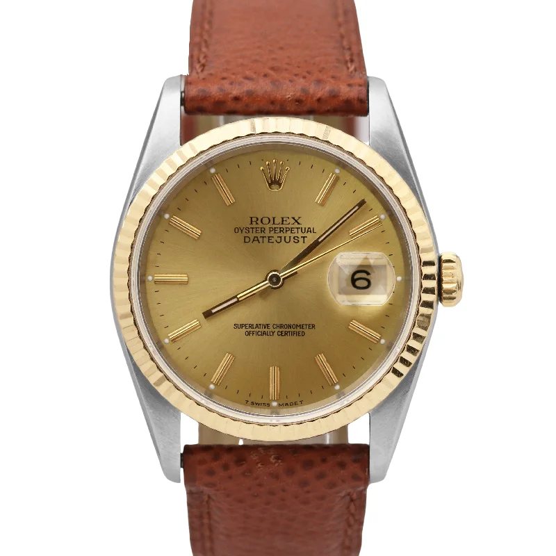 Unique Watches for Collectors-Rolex DateJust TWO-TONE Yellow Gold Fluted CHAMPAGNE Brown Leather 36mm 16233