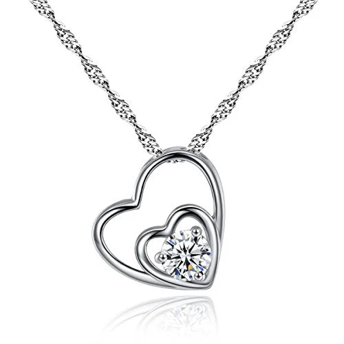 Elegant Pendant Necklace for Weddings-Sexy Sparkles Double Hearts Cubic Zircon Silver Tone Pendant Necklace 18 4/8inch  Silver Tone Mothers day gift idea