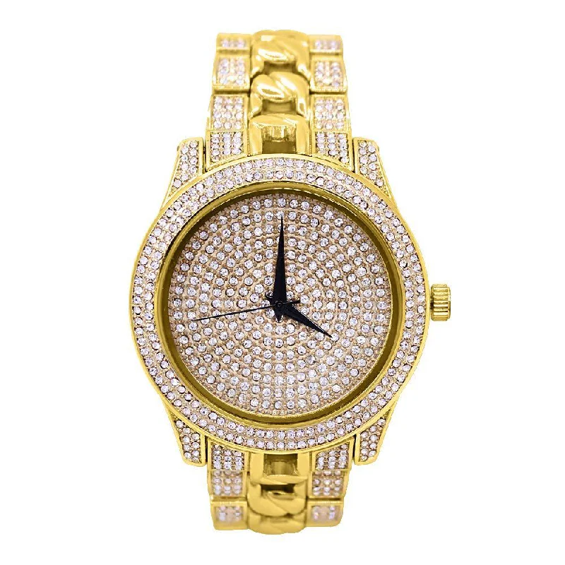 Fashionable Women's Watches with Sparkling Stones-Cuban Link Band Bling Bling Hip Hop Watch