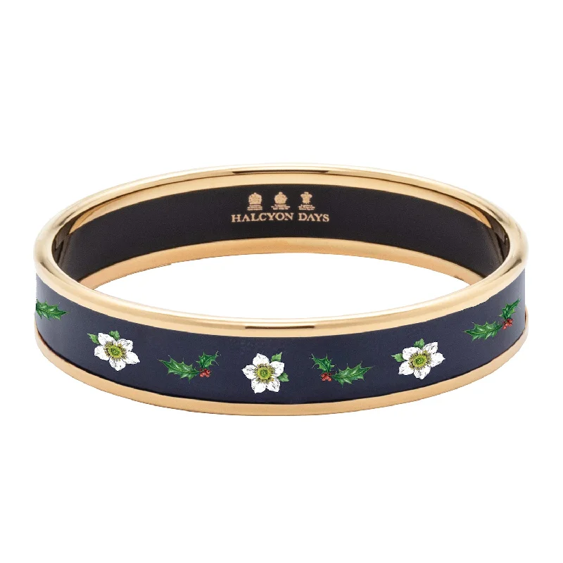 Colorful Bangle Set for Fashion Style-Christmas Hellebores Navy & Gold Enamel Bangle